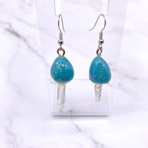 Blue Mushroom Quartz Crystal Dangle wire hook polymer Clay Earrings